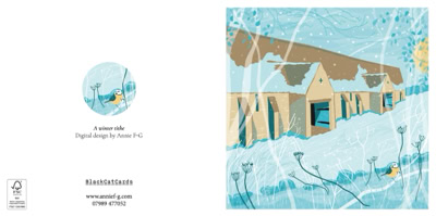 A card dessign depiciting the tithe barn in Bradford on Avon in the snow